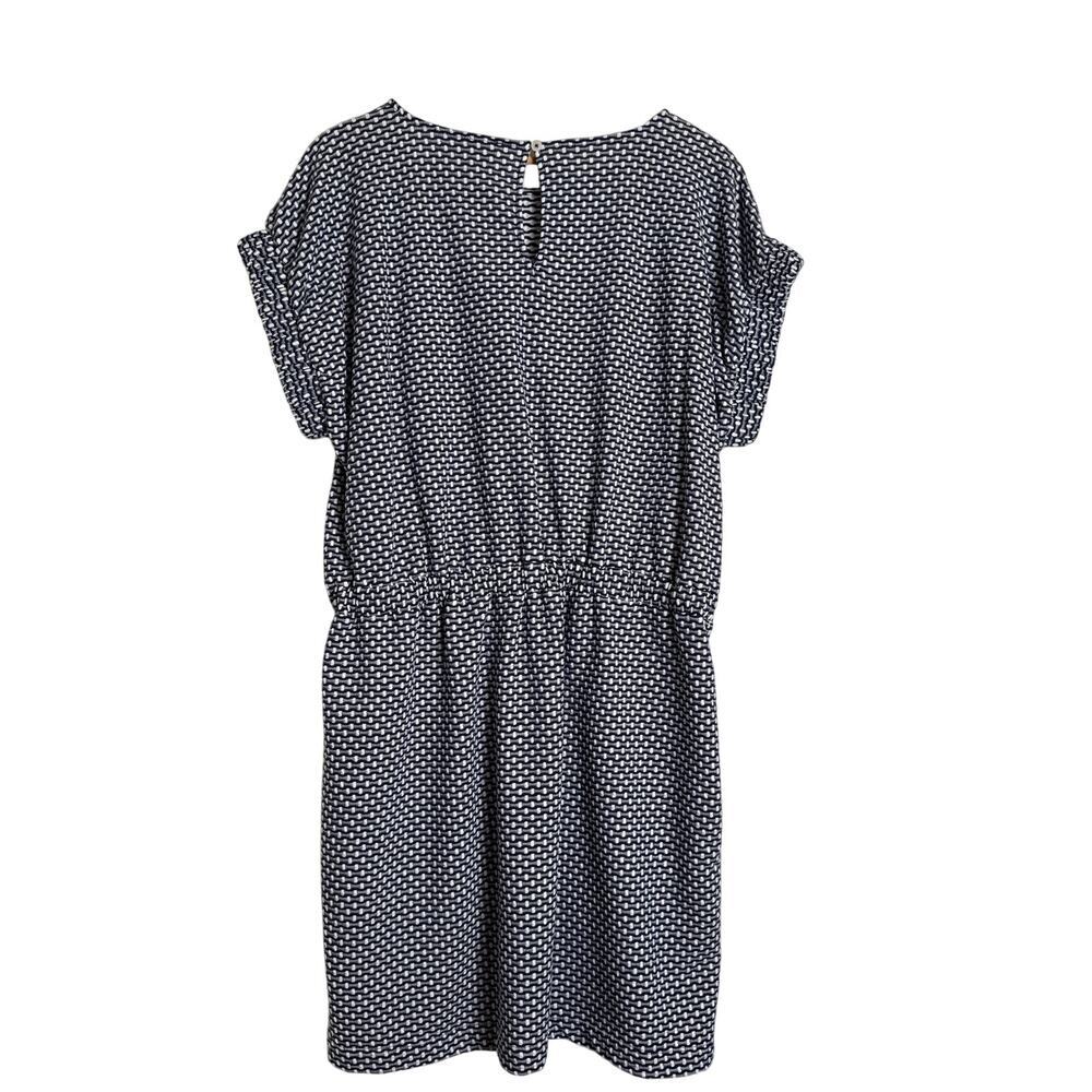 LOFT Navy & White Textured Stripe Blouson Dress XL Elastic Waist Short Sleeve - Picture 6 of 9